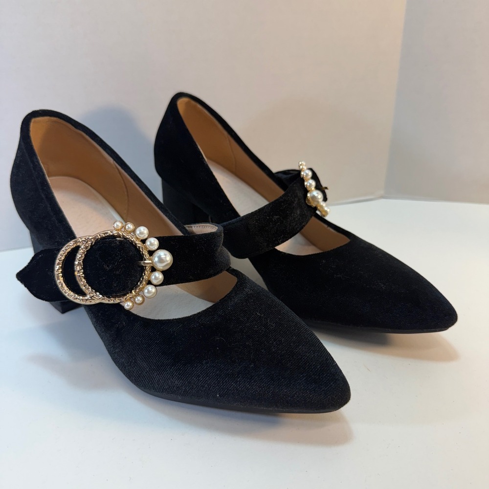 Mary Jane Pumps Women Size 39 8.5 Black Velvet Pearl Buckle Block Heel